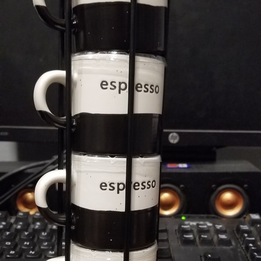 Boston Warehouse Stacking Up Stoneware 4 espresso 3oz cup set with rack